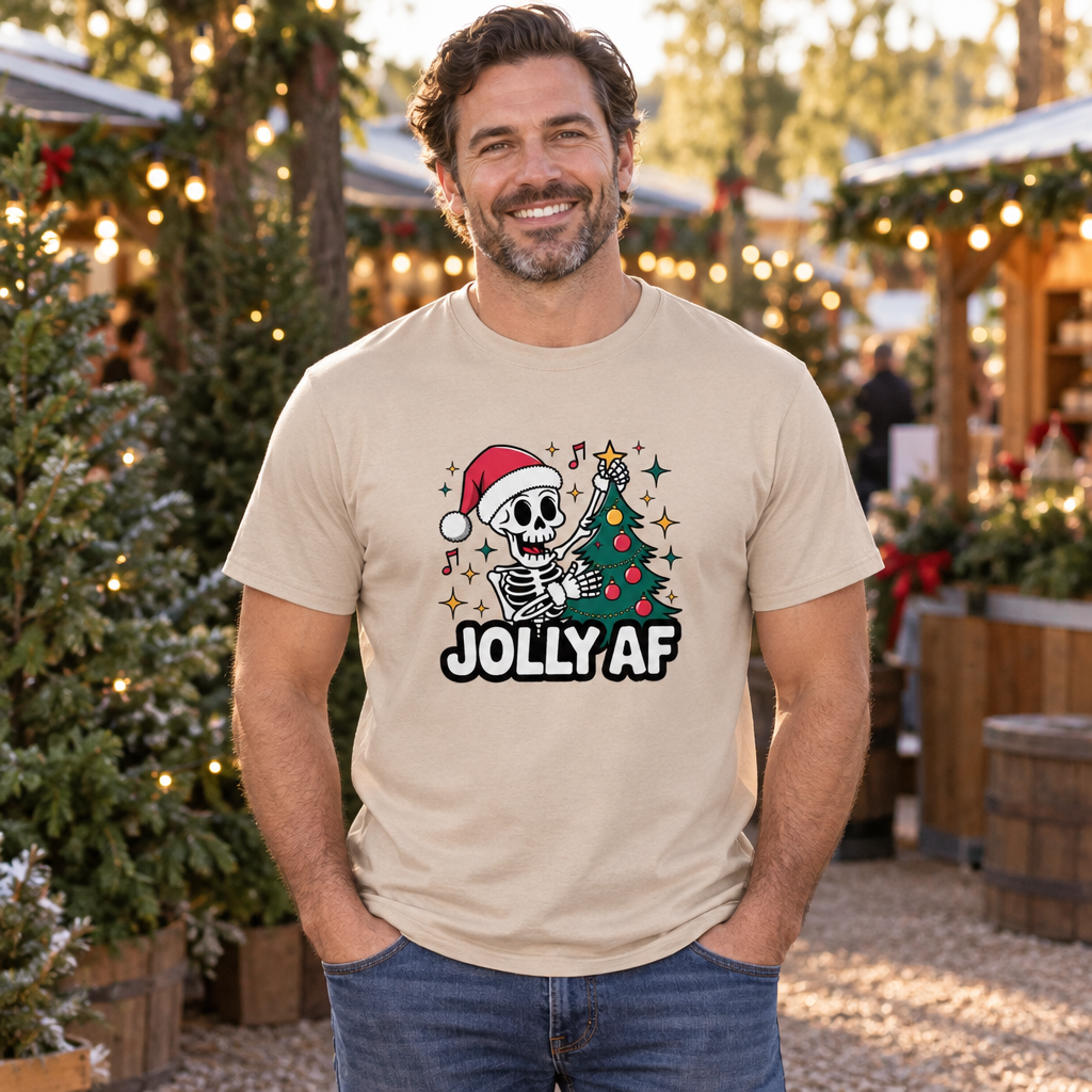 Jolly AF Funny Skeleton Christmas — Sand T-Shirt — lifestyle alt
