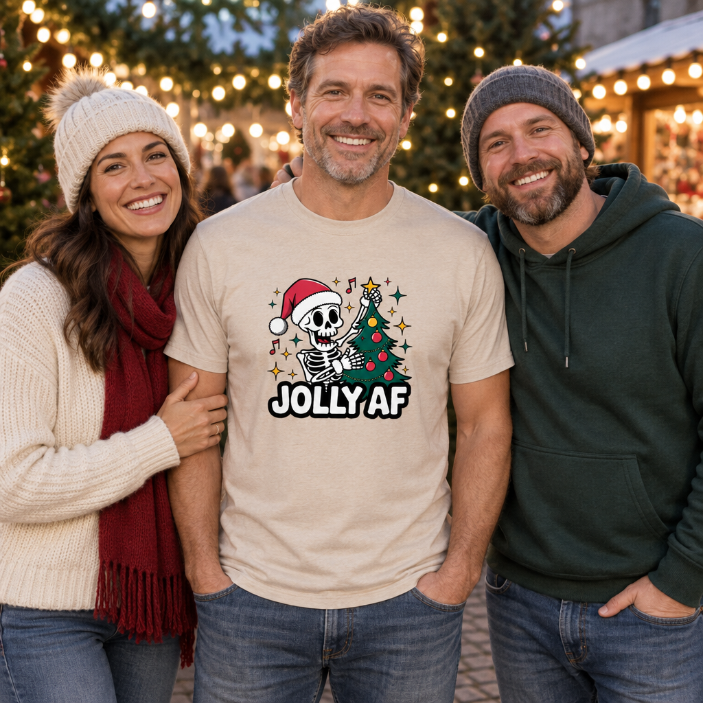 Jolly AF Funny Skeleton Christmas — Sand T-Shirt — lifestyle group