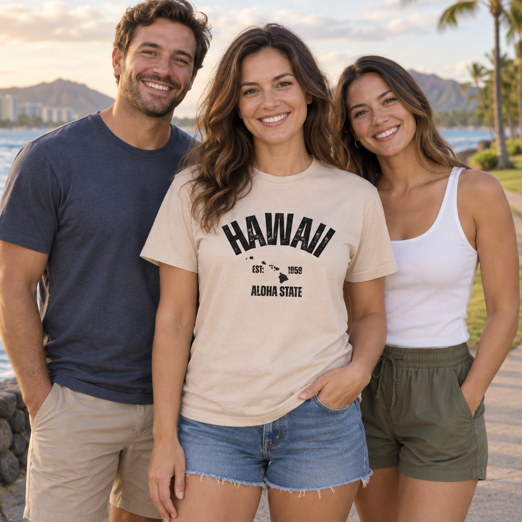 Hawaii the Aloha State — Sand T-Shirt — lifestyle group