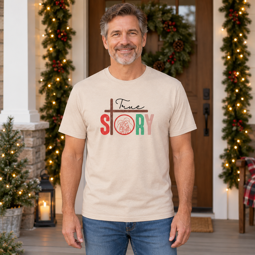 Christmas True Story — Sand T-Shirt — lifestyle hero