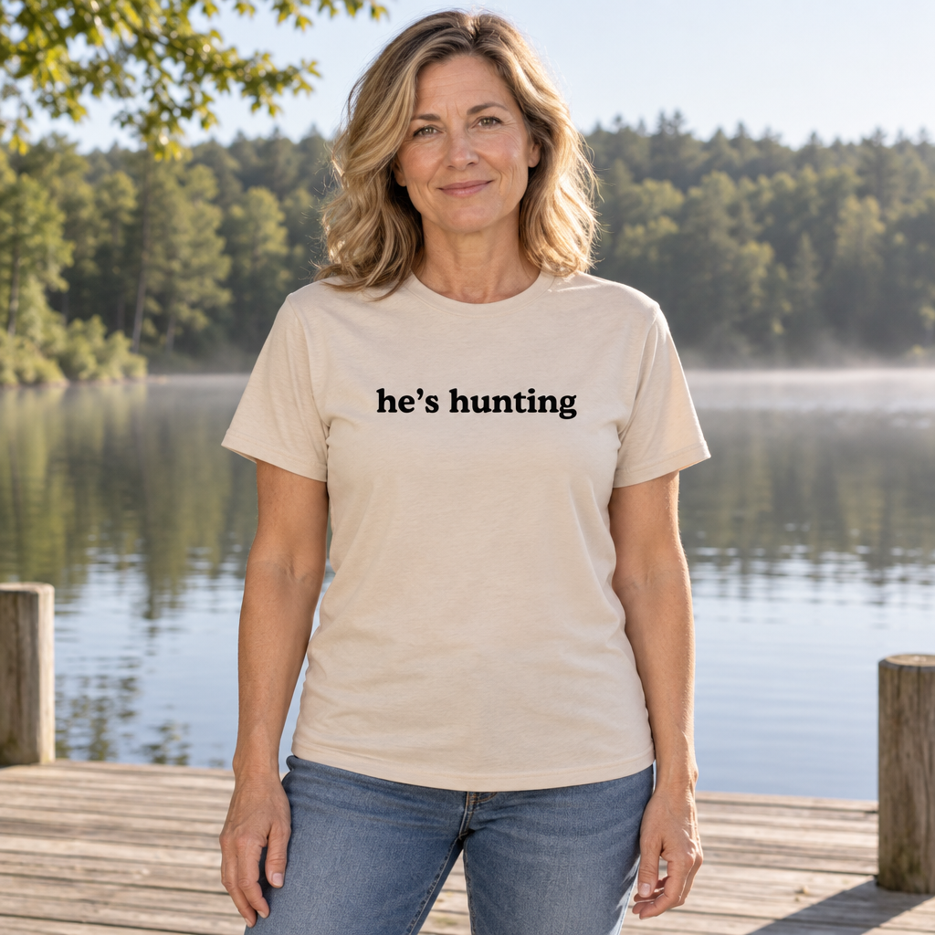 He's Hunting — Sand T-Shirt — lifestyle hero
