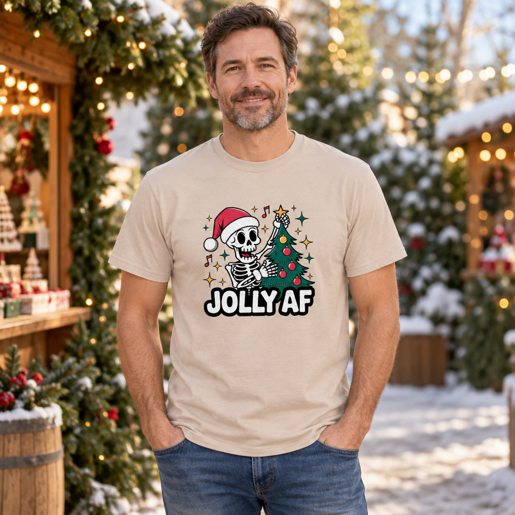 Jolly AF Funny Skeleton Christmas — Sand T-Shirt — lifestyle hero