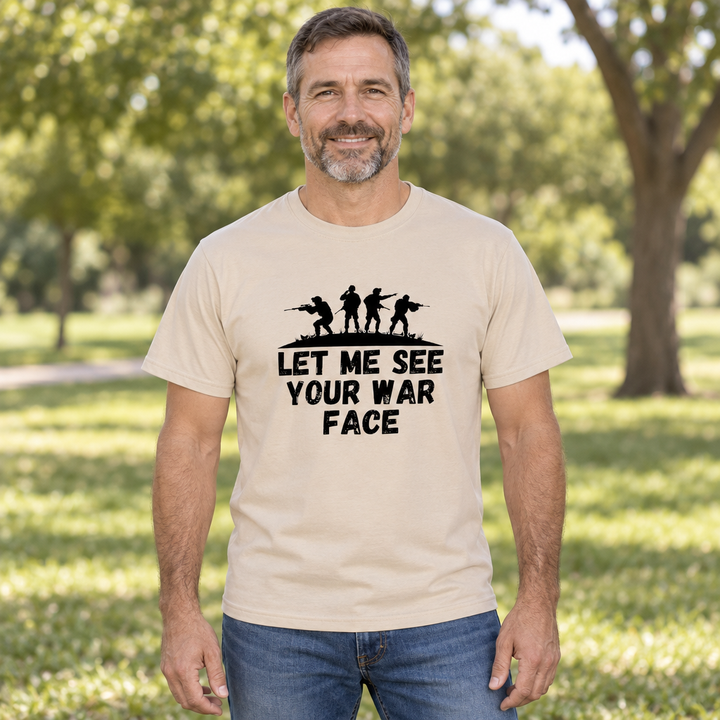 Funny War Face — Sand T-Shirt — lifestyle hero