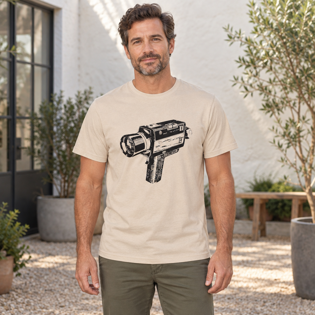 Vintage Super 8 Movie Camera — Sand T-Shirt — lifestyle hero