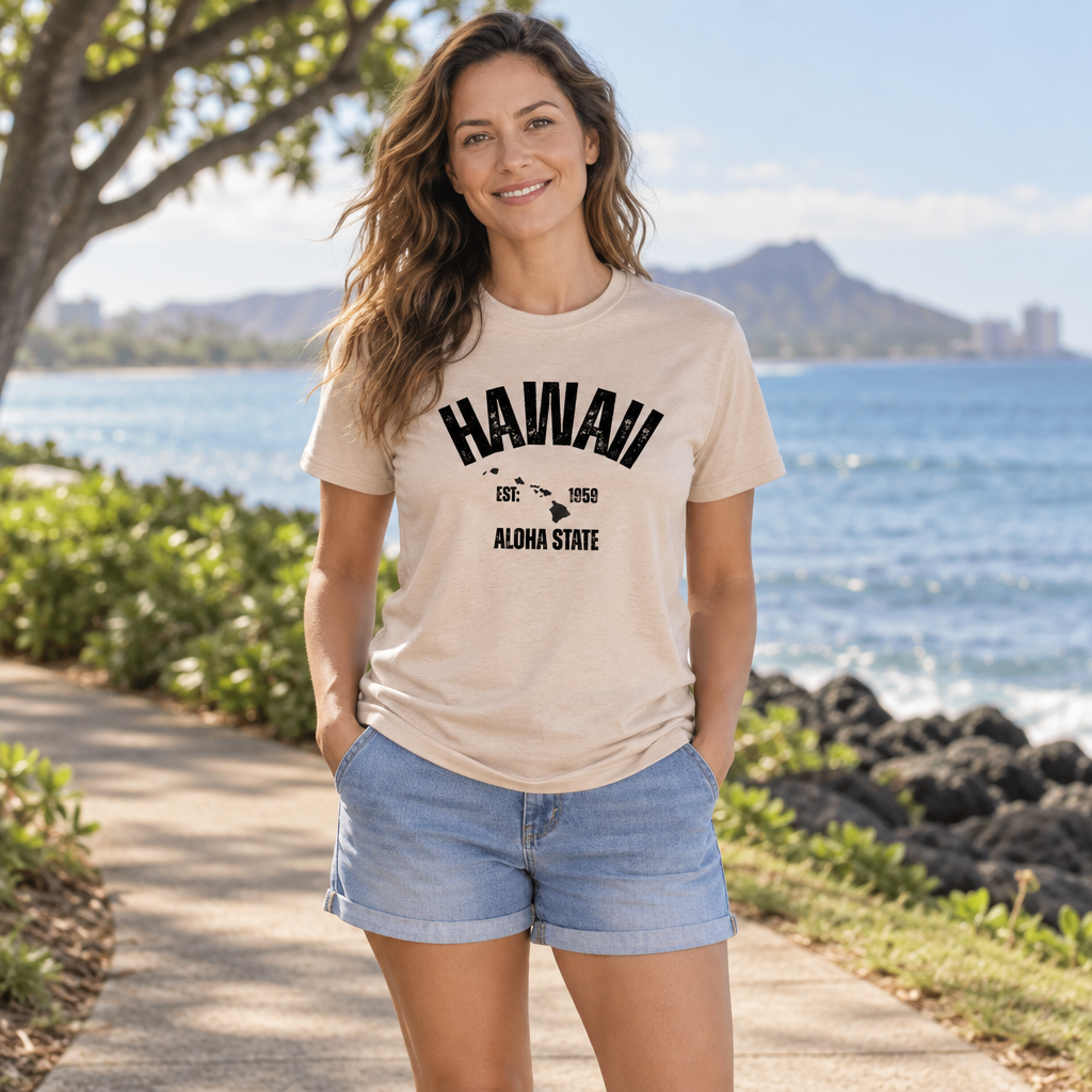 Hawaii the Aloha State — Sand T-Shirt — lifestyle hero