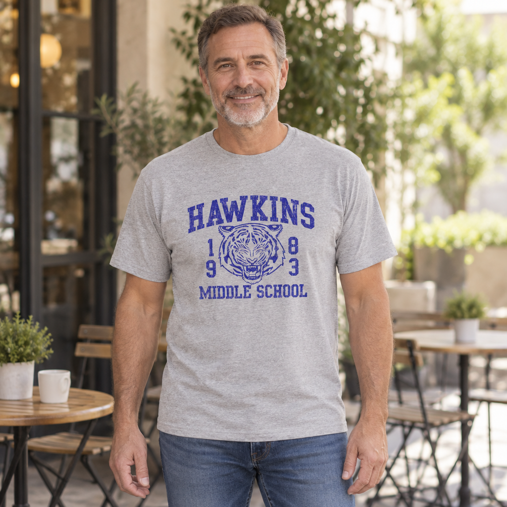 Hawkins Middle School — Sport Gray T-Shirt — lifestyle hero