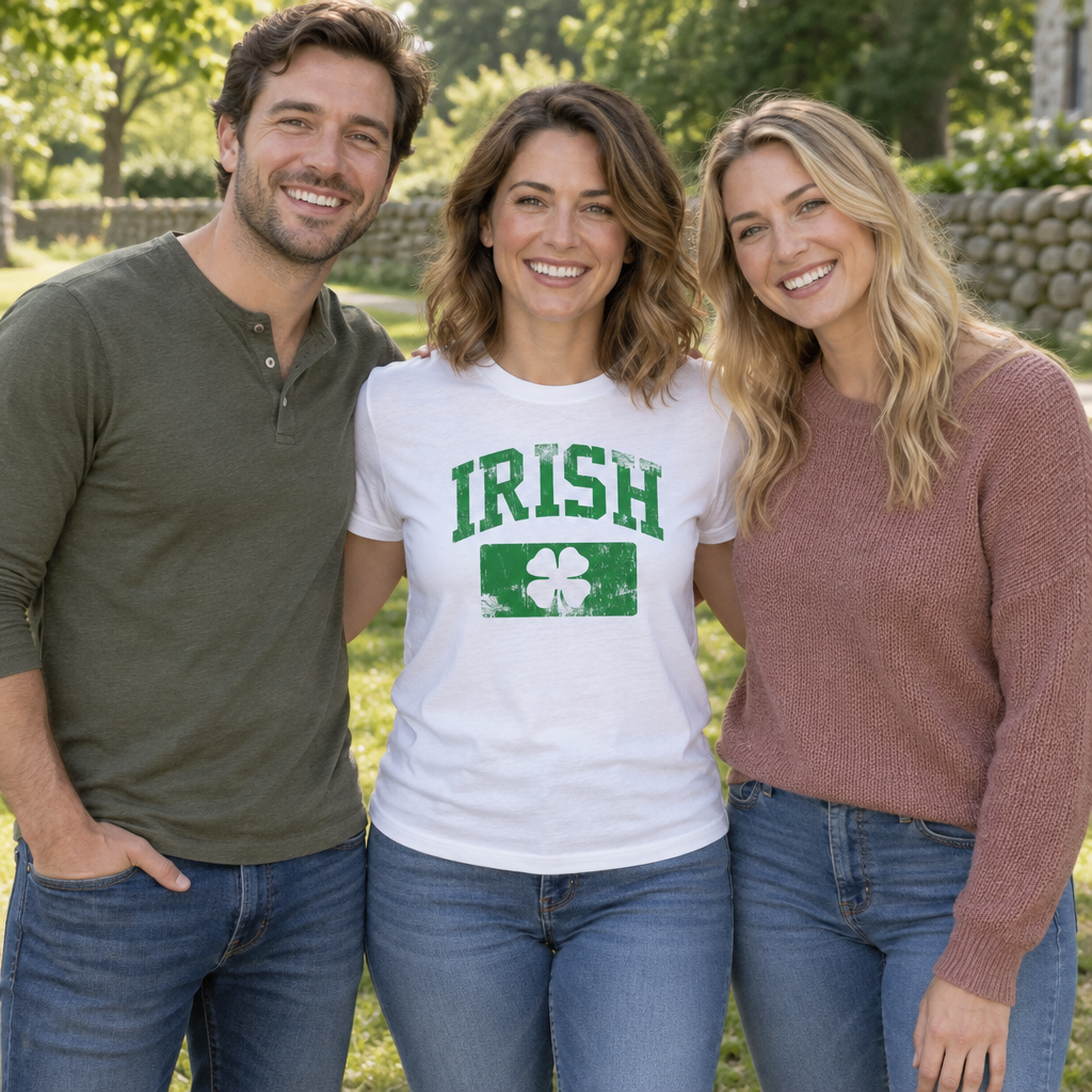 Irish Shamrock Distressed Green — White T-Shirt — lifestyle group