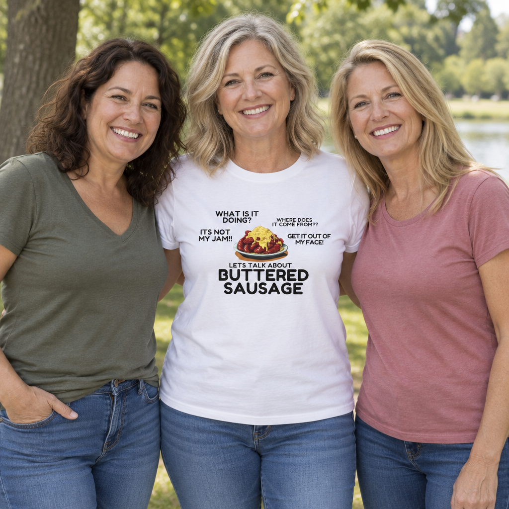 Funny Buttered Sausage Meme — White T-Shirt — lifestyle group
