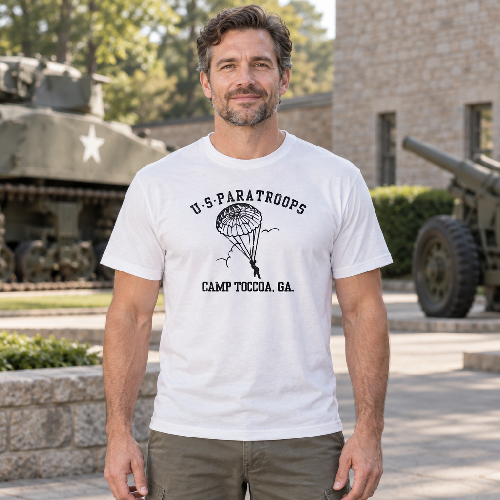 US Paratroops Camp Toccoa — White T-Shirt — lifestyle hero
