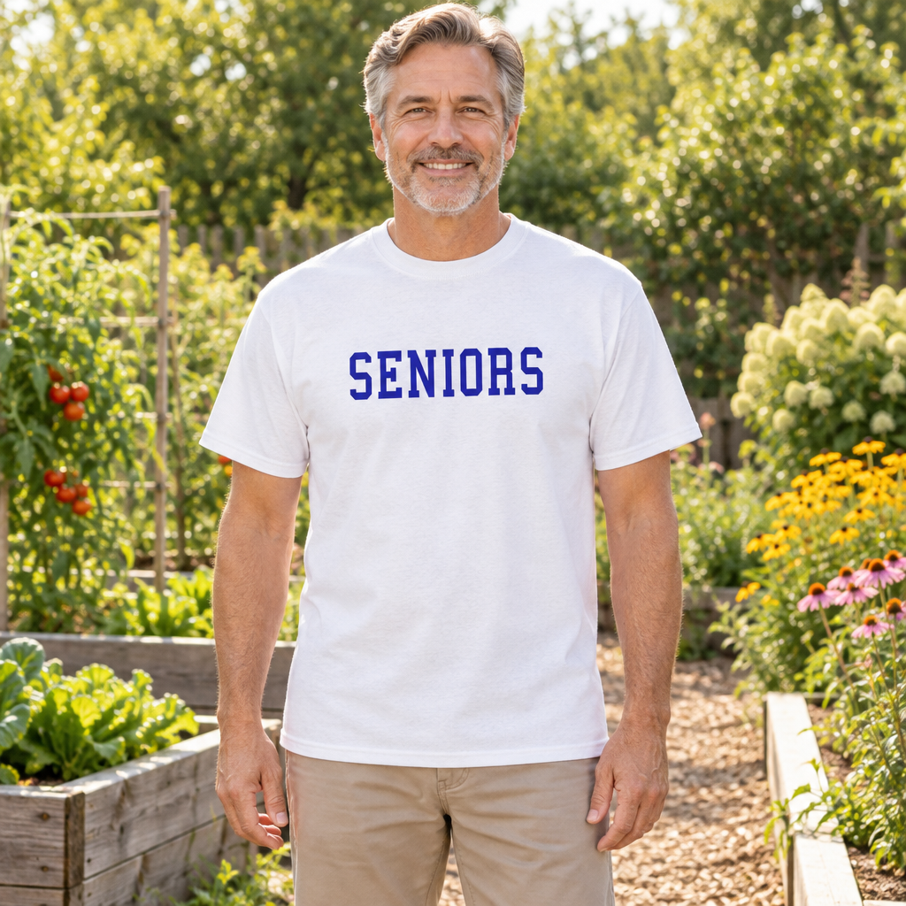 Seniors Block Letters — White T-Shirt — lifestyle hero