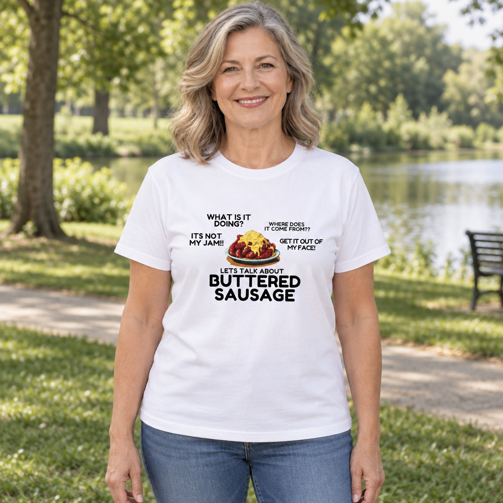 Funny Buttered Sausage Meme — White T-Shirt — lifestyle hero
