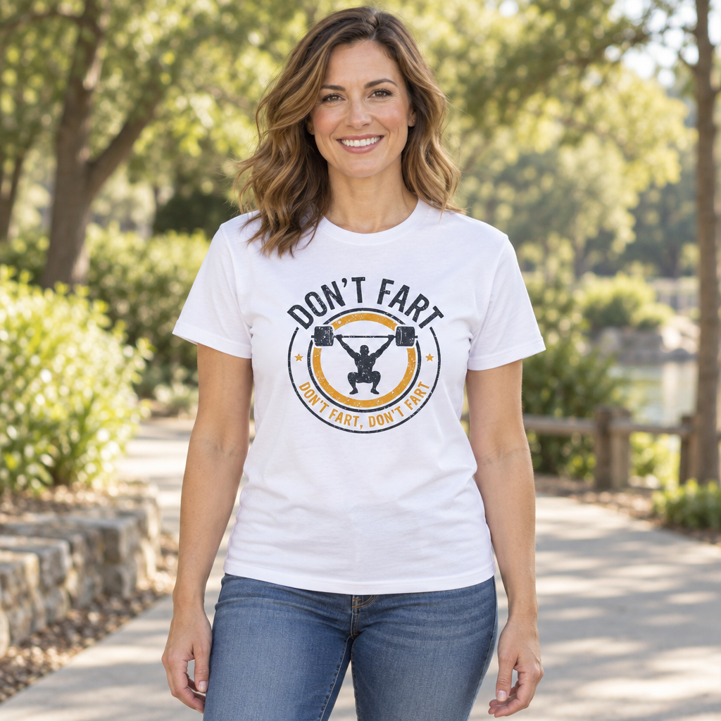 Funny Gym Shirt Men Weightlifting Don't Fart Workout — White T-Shirt — lifestyle hero