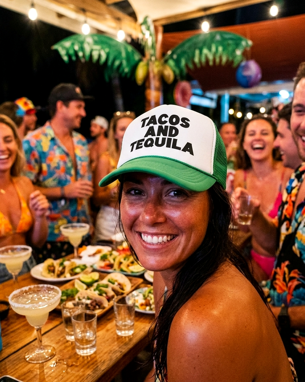 Person at a beach cantina wearing the Tacos and Tequila retro trucker hat