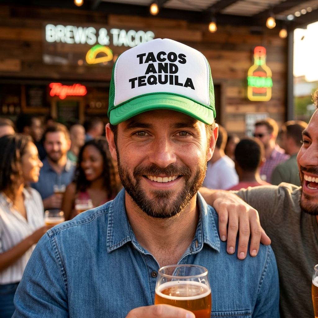 TEQUILAS and TACOS - party time mexican food - Vintage Retro Style Trucker Cap Hat - Five Panel Retro Style TRUCKER Cap