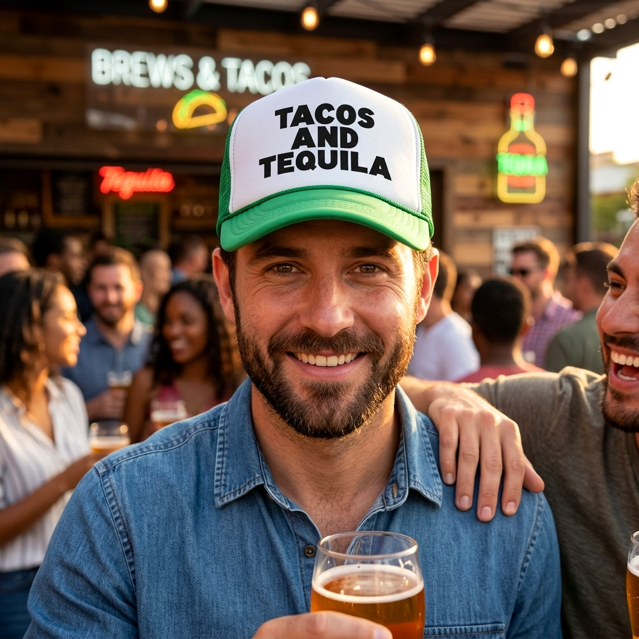 TEQUILAS and TACOS - party time mexican food - Vintage Retro Style Trucker Cap Hat - Five Panel Retro Style TRUCKER Cap
