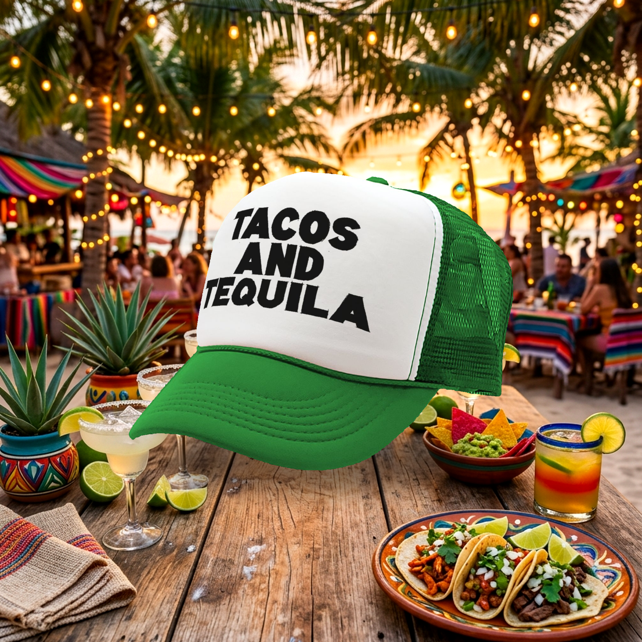 TEQUILAS and TACOS - party time mexican food - Vintage Retro Style Trucker Cap Hat - Five Panel Retro Style TRUCKER Cap