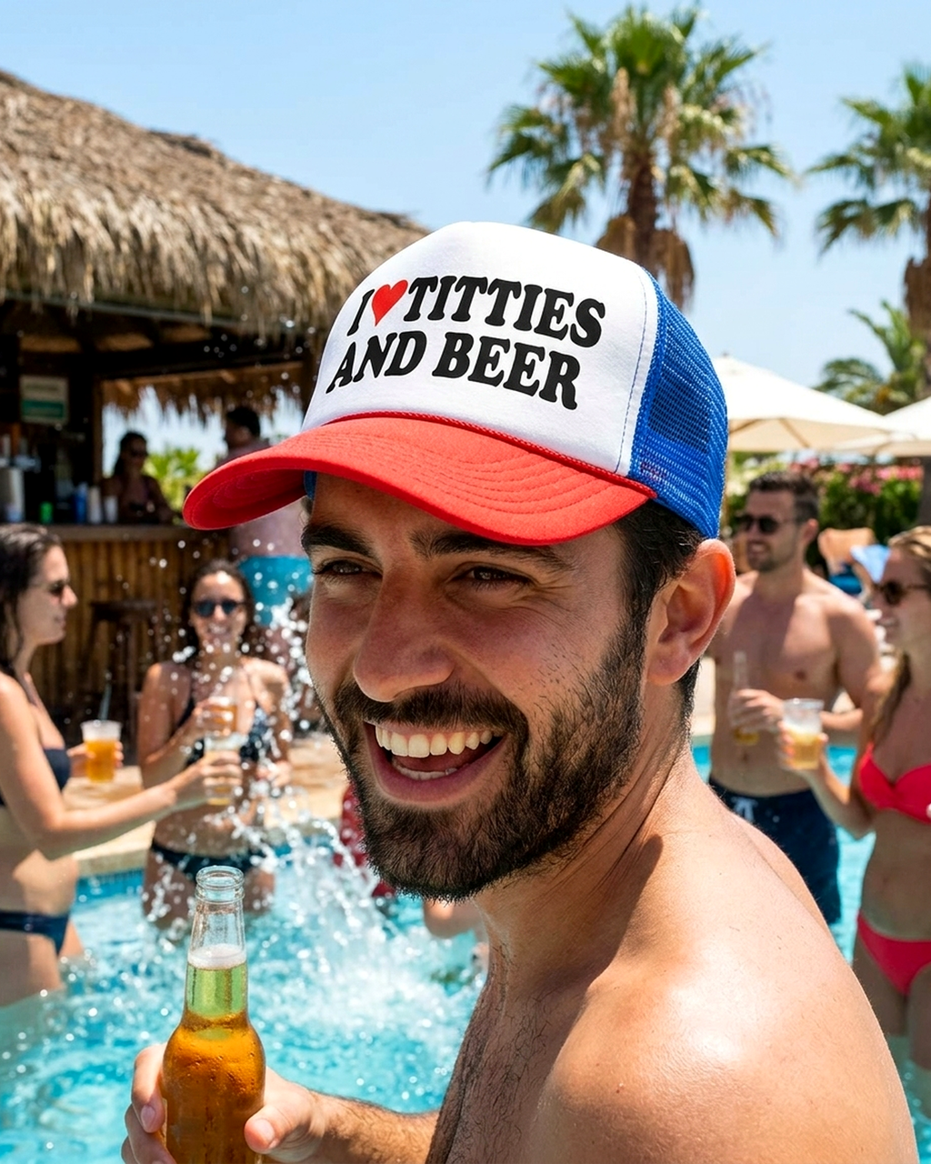 Person wearing the I Heart Titties and Beer retro trucker hat at a pool party