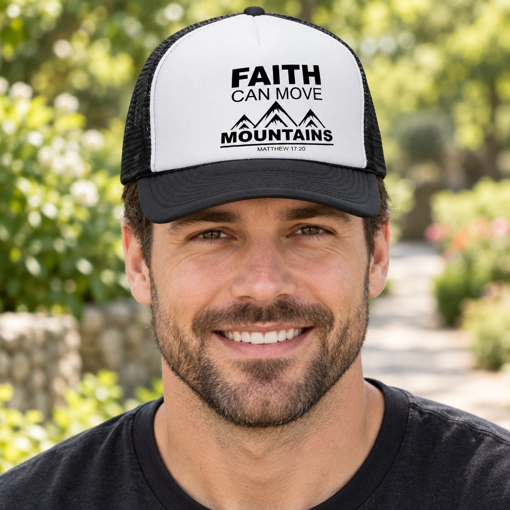 Faith Can Move Mountains — Black Trucker Hat — lifestyle alt