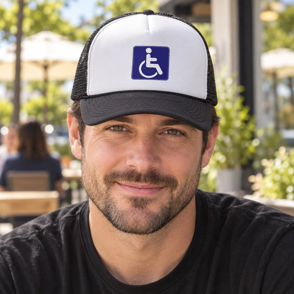 Wheelchair Symbol — Black Trucker Hat — lifestyle alt