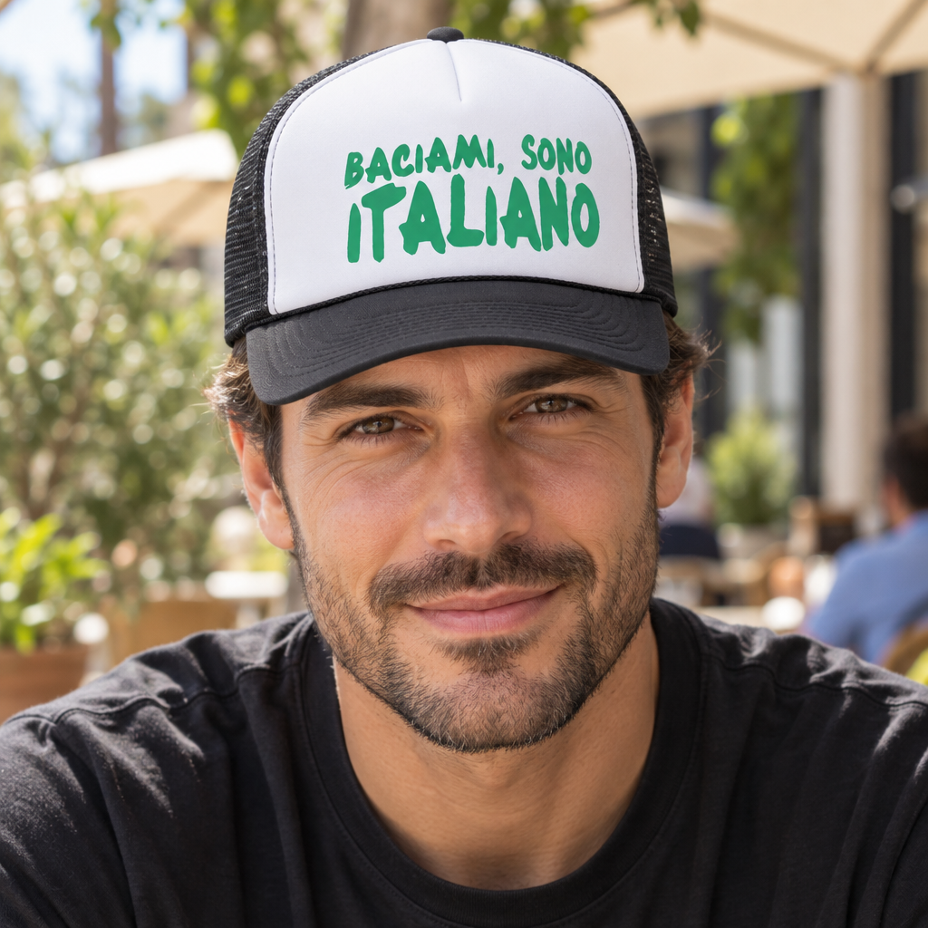 Baciami Sono Italiano — Black Trucker Hat — lifestyle alt