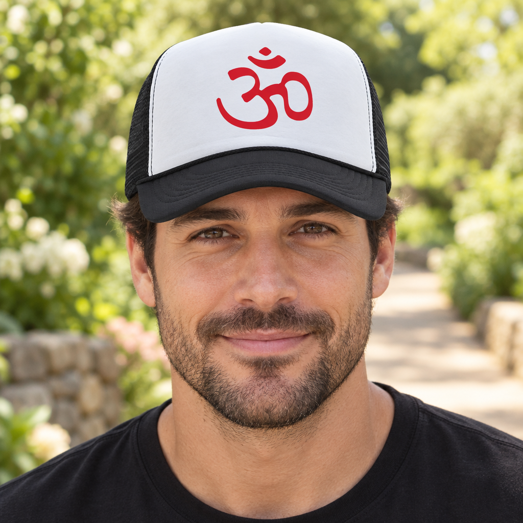 Om Symbol — Black Trucker Hat — lifestyle alt