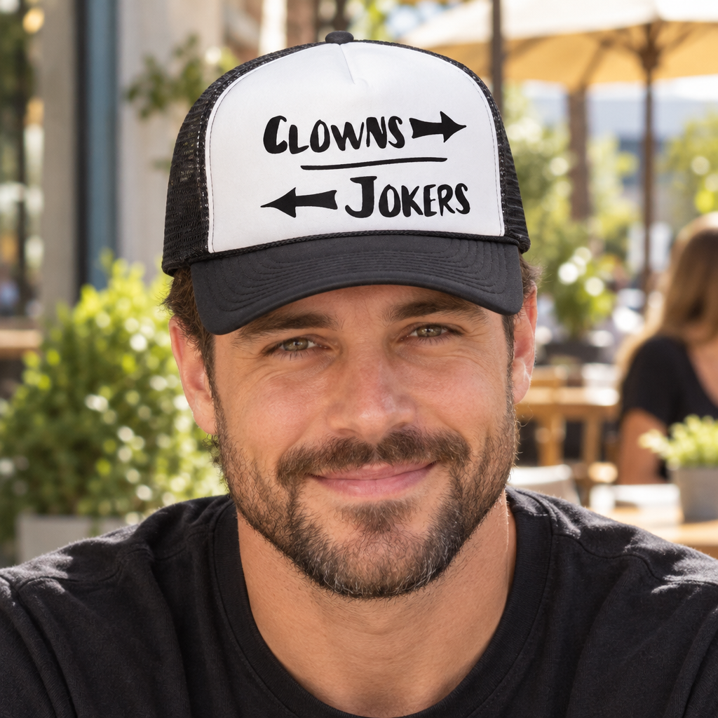 Clowns to the Left Jokers to the Right — Black Trucker Hat — lifestyle alt