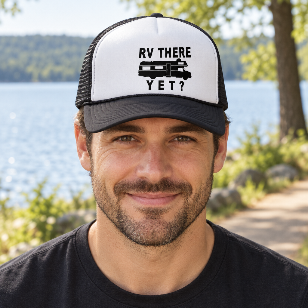 RV There Yet — Black Trucker Hat — lifestyle alt