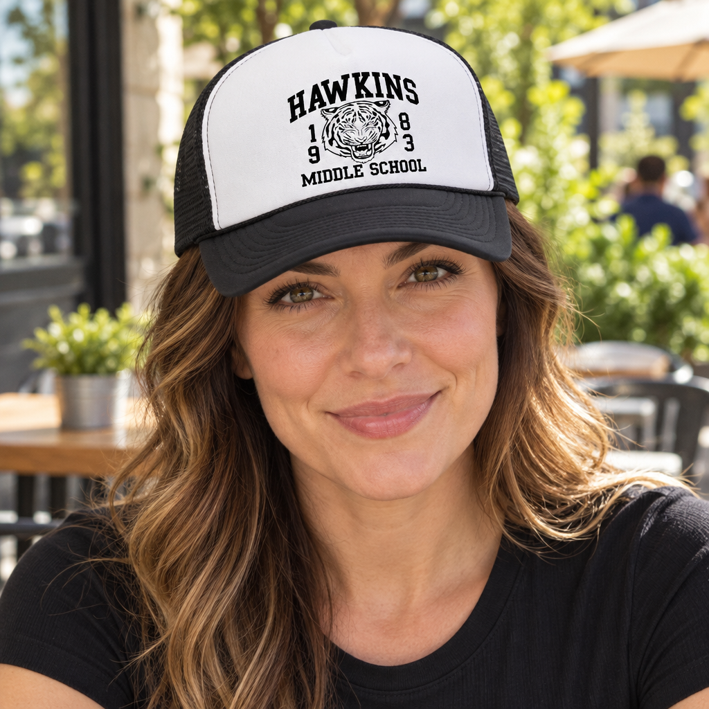 Hawkins Middle School — Black Trucker Hat — lifestyle alt