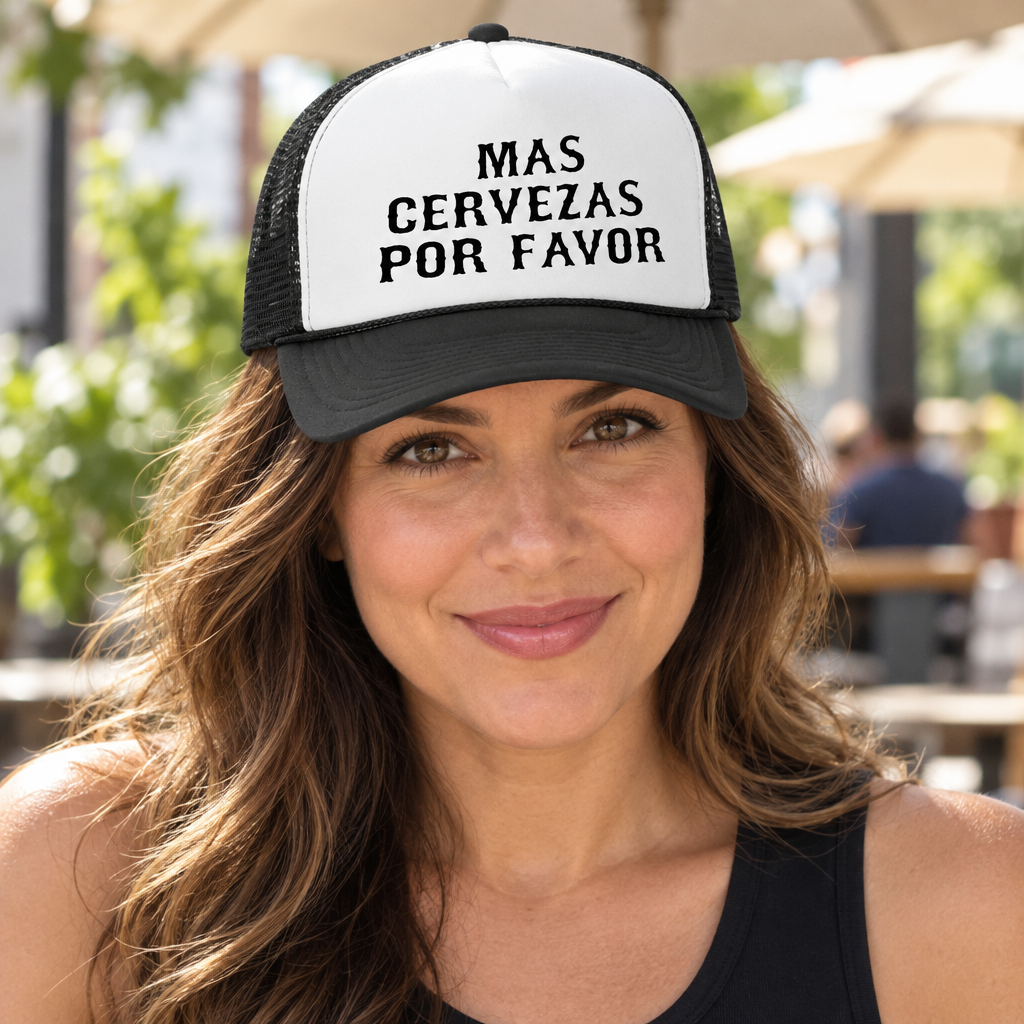 Mas Cervezas Por Favor — Black Trucker Hat — lifestyle alt