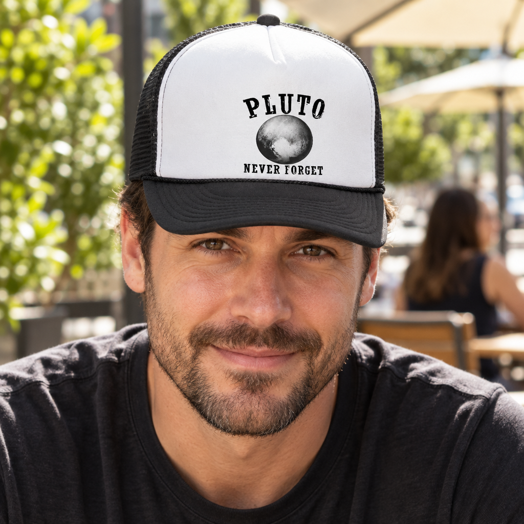 Pluto Never Forget — Black Trucker Hat — lifestyle alt