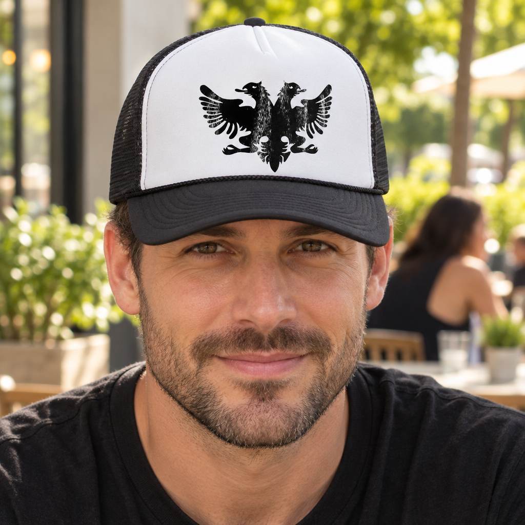 Albanian Eagle — Black Trucker Hat — lifestyle alt