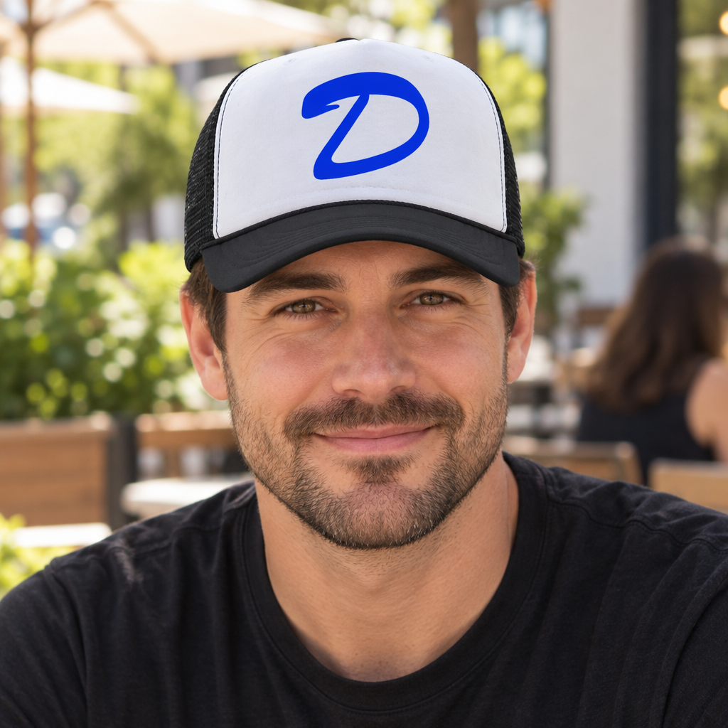 Blue D — Black Trucker Hat — lifestyle alt