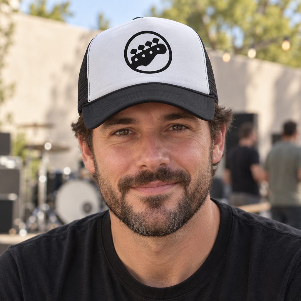 Bass Clef Pegs — Black Trucker Hat — lifestyle alt