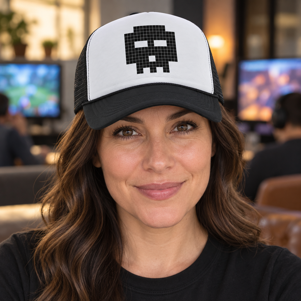 8 Bit Skull — Black Trucker Hat — lifestyle alt