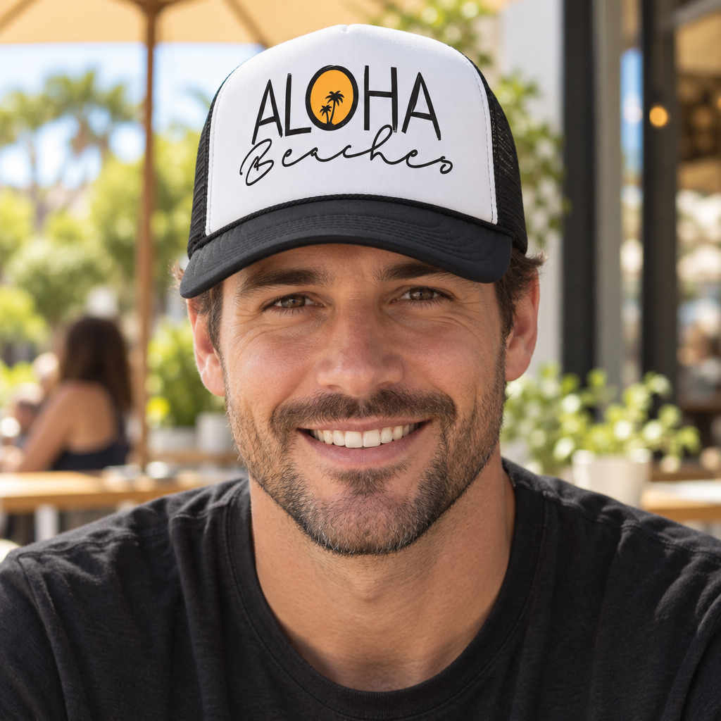 Aloha Beaches — Black Trucker Hat — lifestyle alt