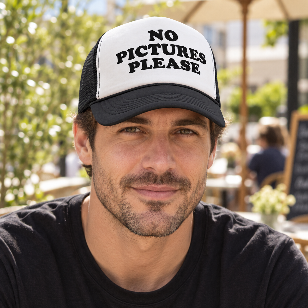 No Pictures Please — Black Trucker Hat — lifestyle alt