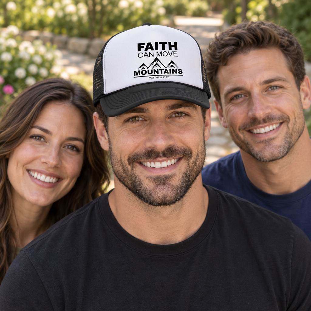 Faith Can Move Mountains — Black Trucker Hat — lifestyle group