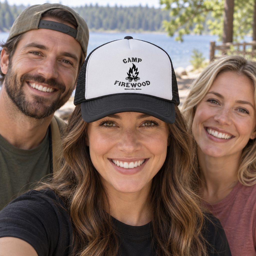 Camp Firewood — Black Trucker Hat — lifestyle group