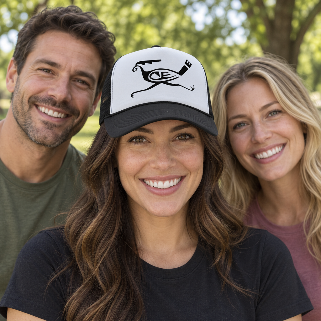 Roadrunner Symbol — Black Trucker Hat — lifestyle group
