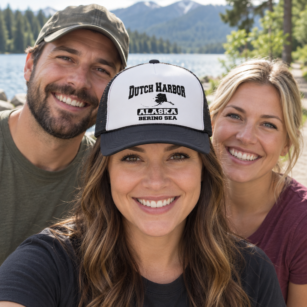 Dutch Harbor Alaska — Black Trucker Hat — lifestyle group