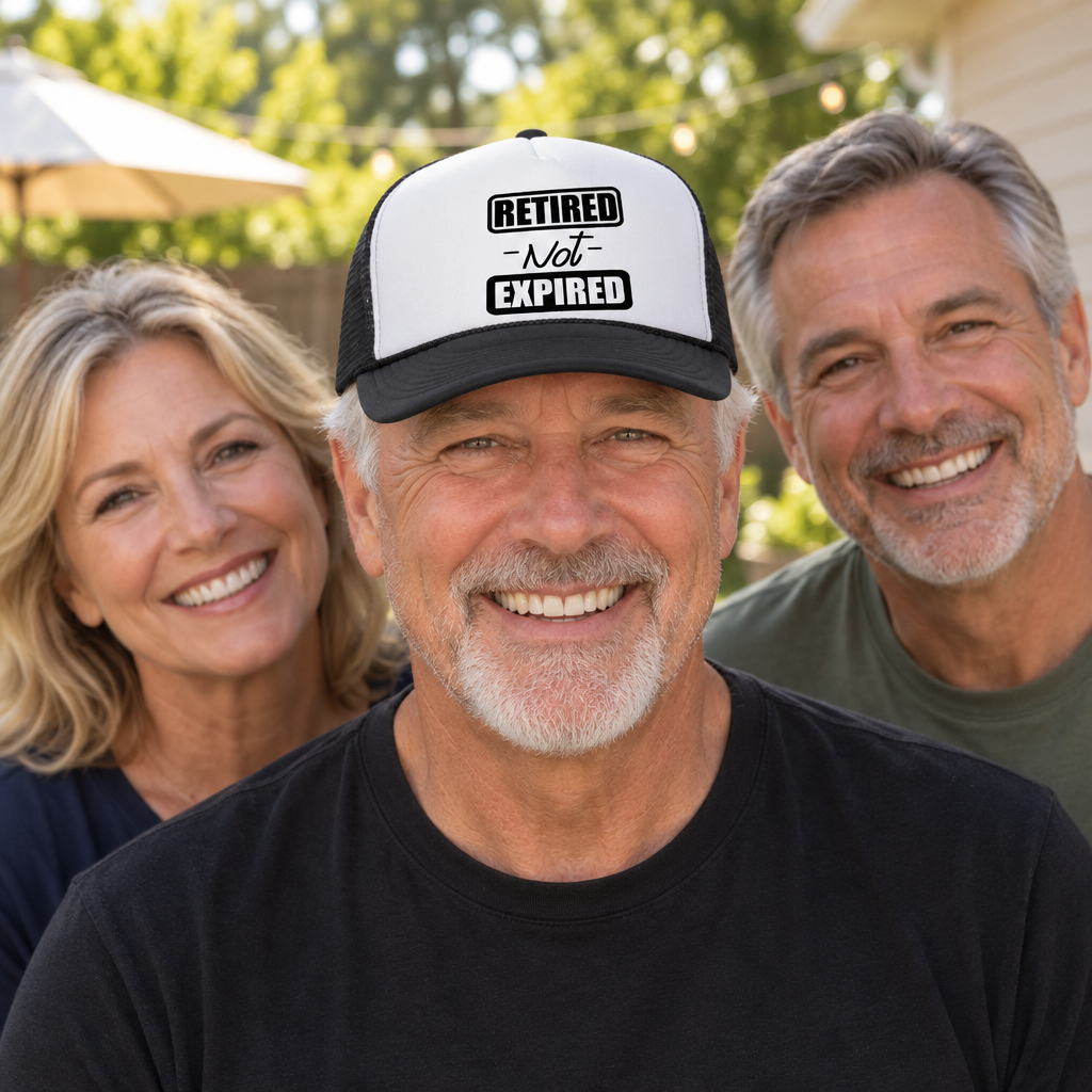 Retired Not Expired — Black Trucker Hat — lifestyle group