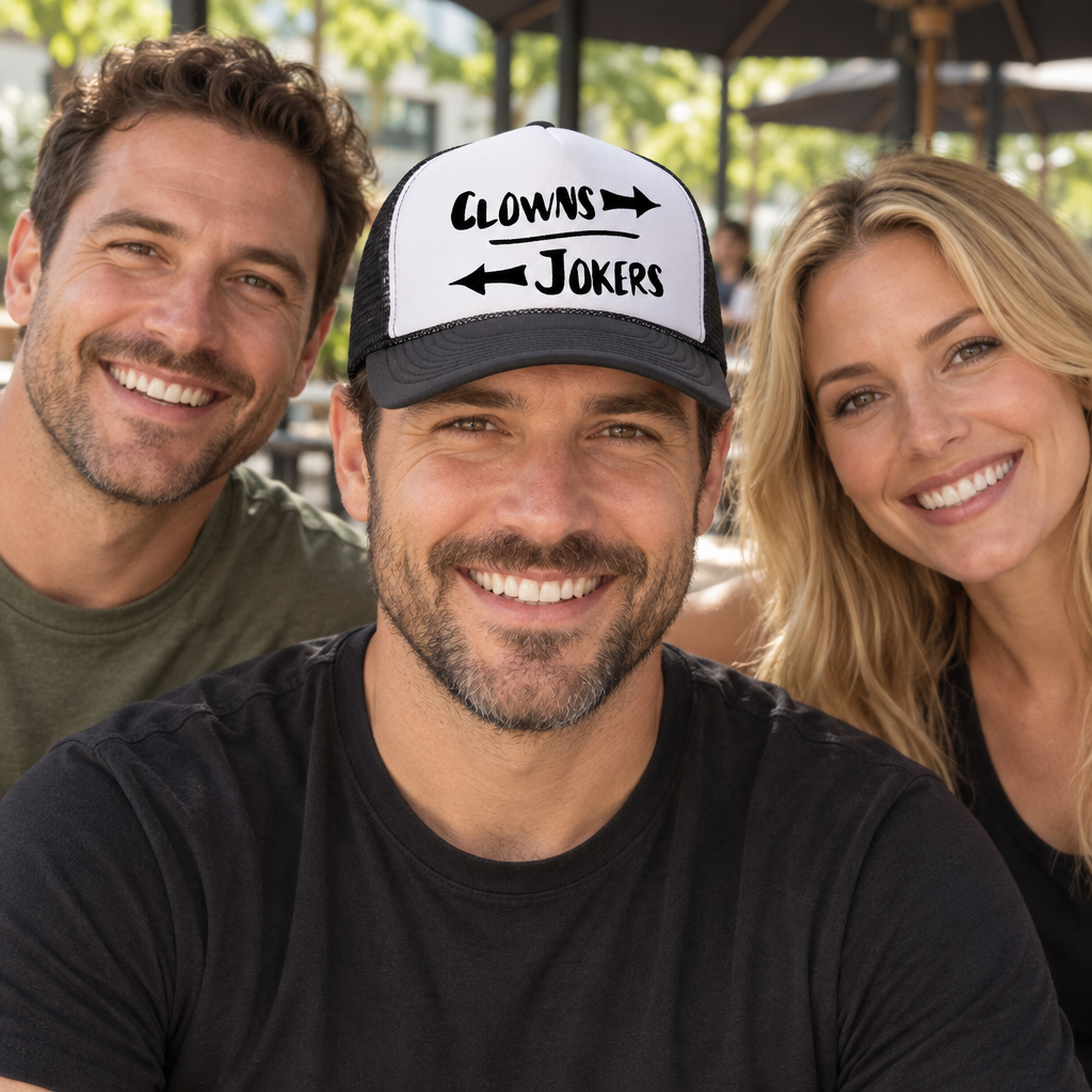 Clowns to the Left Jokers to the Right — Black Trucker Hat — lifestyle group