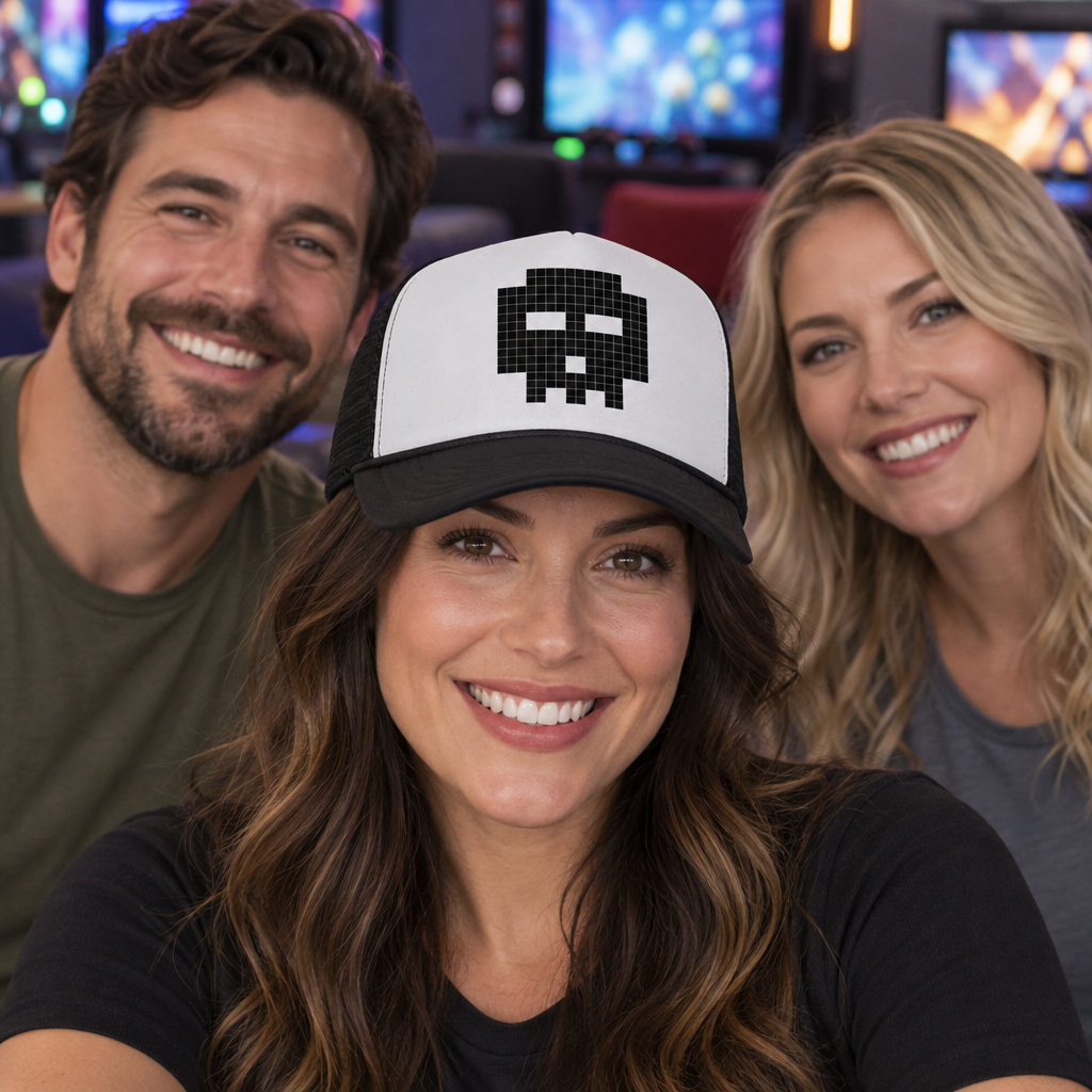 8 Bit Skull — Black Trucker Hat — lifestyle group