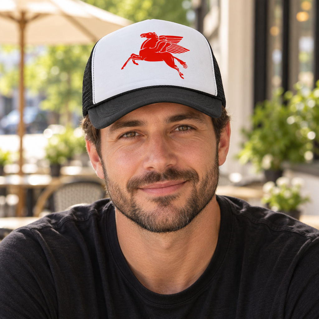 Red Pegasus — Black Trucker Hat — lifestyle hero