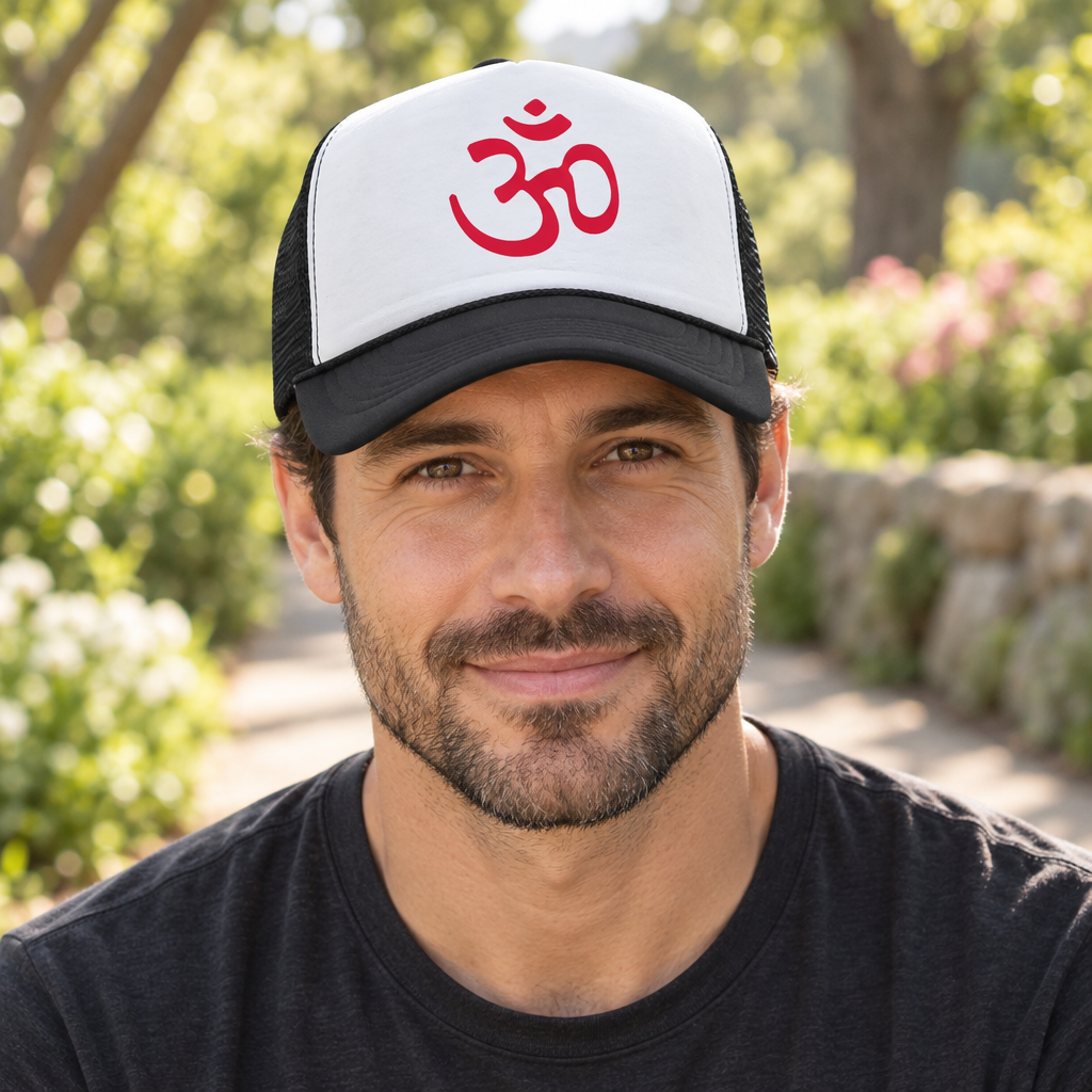 Om Symbol — Black Trucker Hat — lifestyle hero