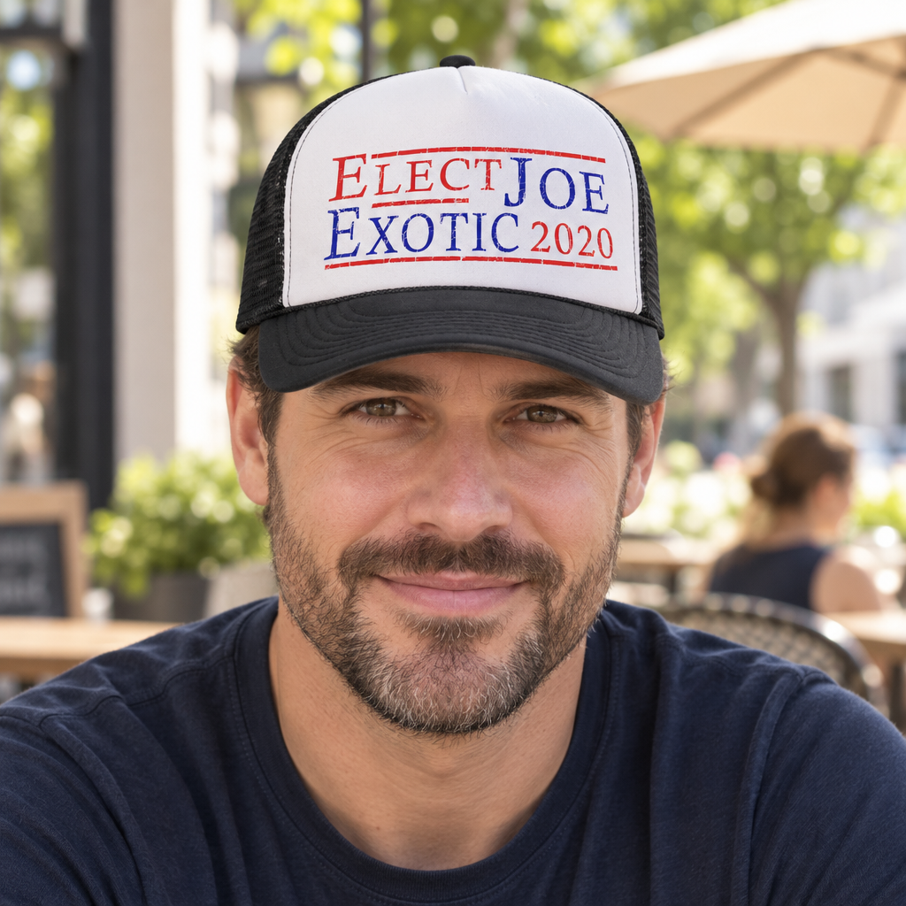 Elect Joe Exotic 2020 — Black Trucker Hat — lifestyle hero