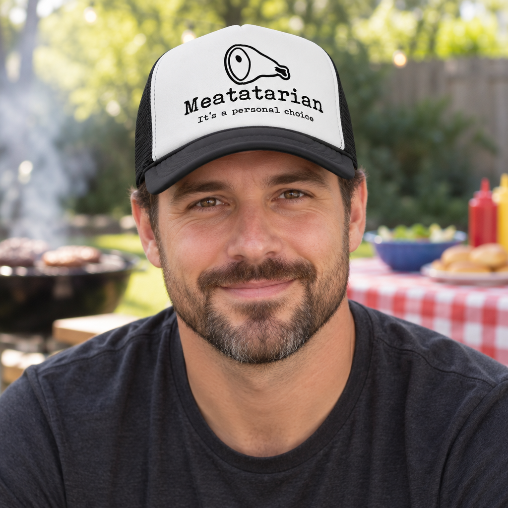 Meatatarian — Black Trucker Hat — lifestyle hero