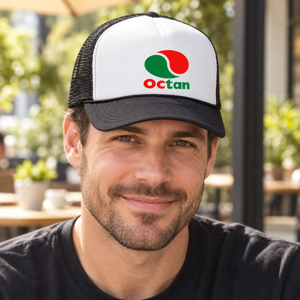 Octan — Black Trucker Hat — lifestyle hero