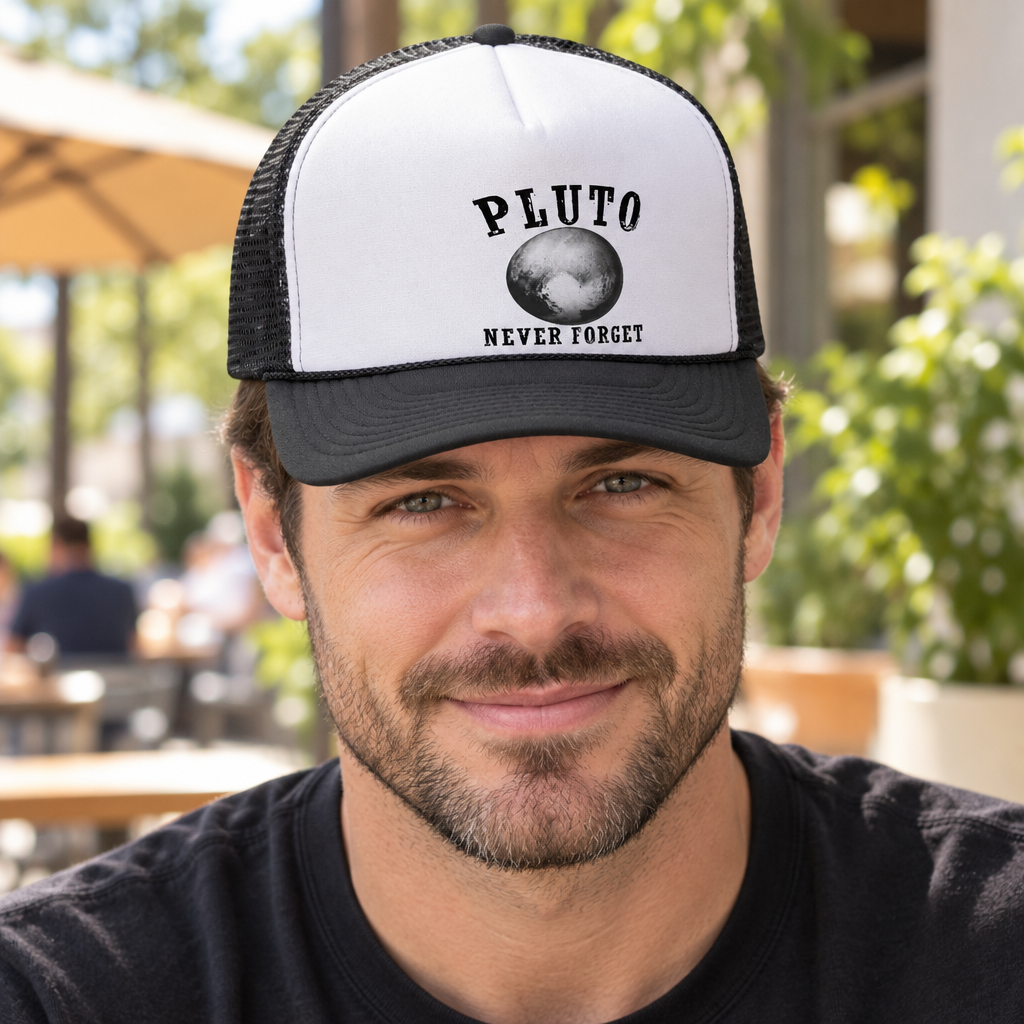 Pluto Never Forget — Black Trucker Hat — lifestyle hero