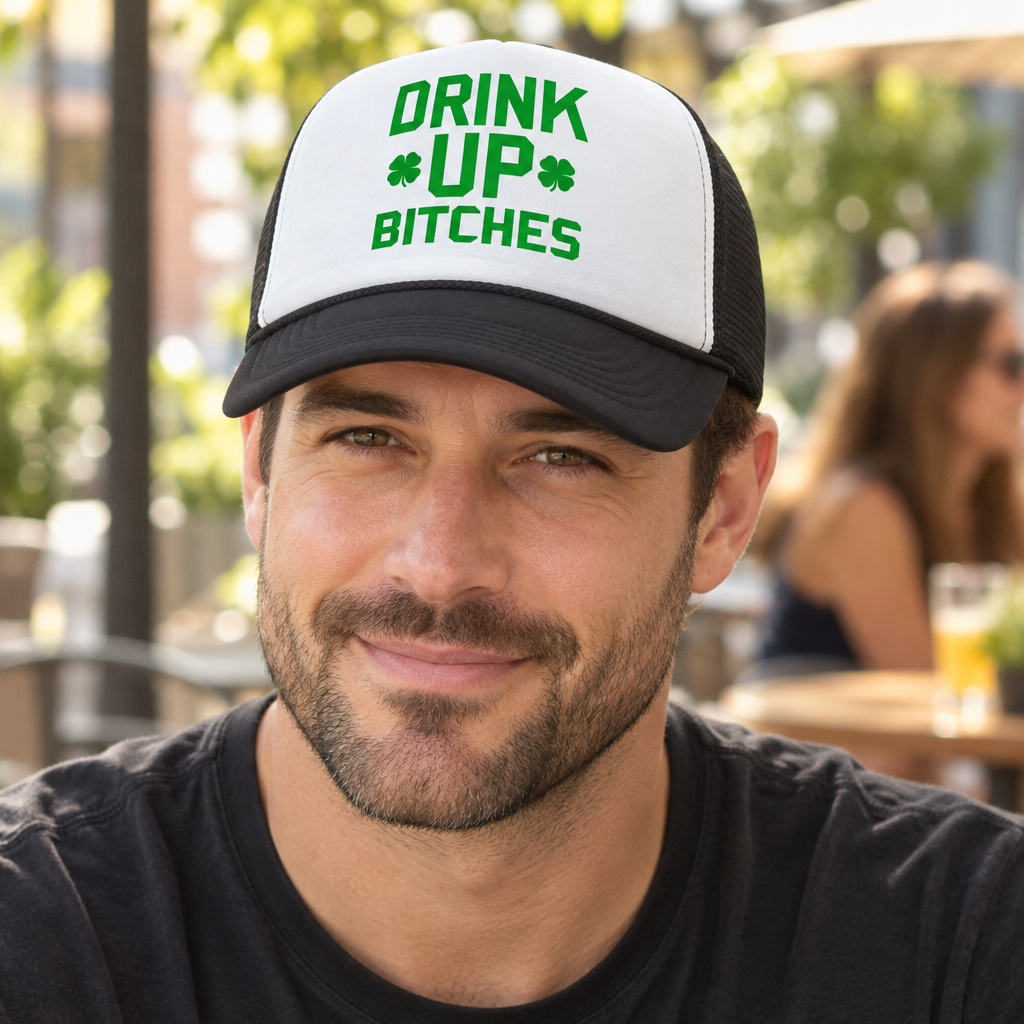Drink Up Bitches — Black Trucker Hat — lifestyle hero